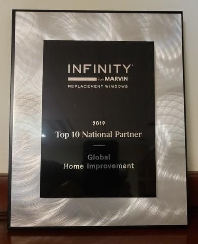 Recognized by Infinity Windows from Marvin as a Top 10 National Partner